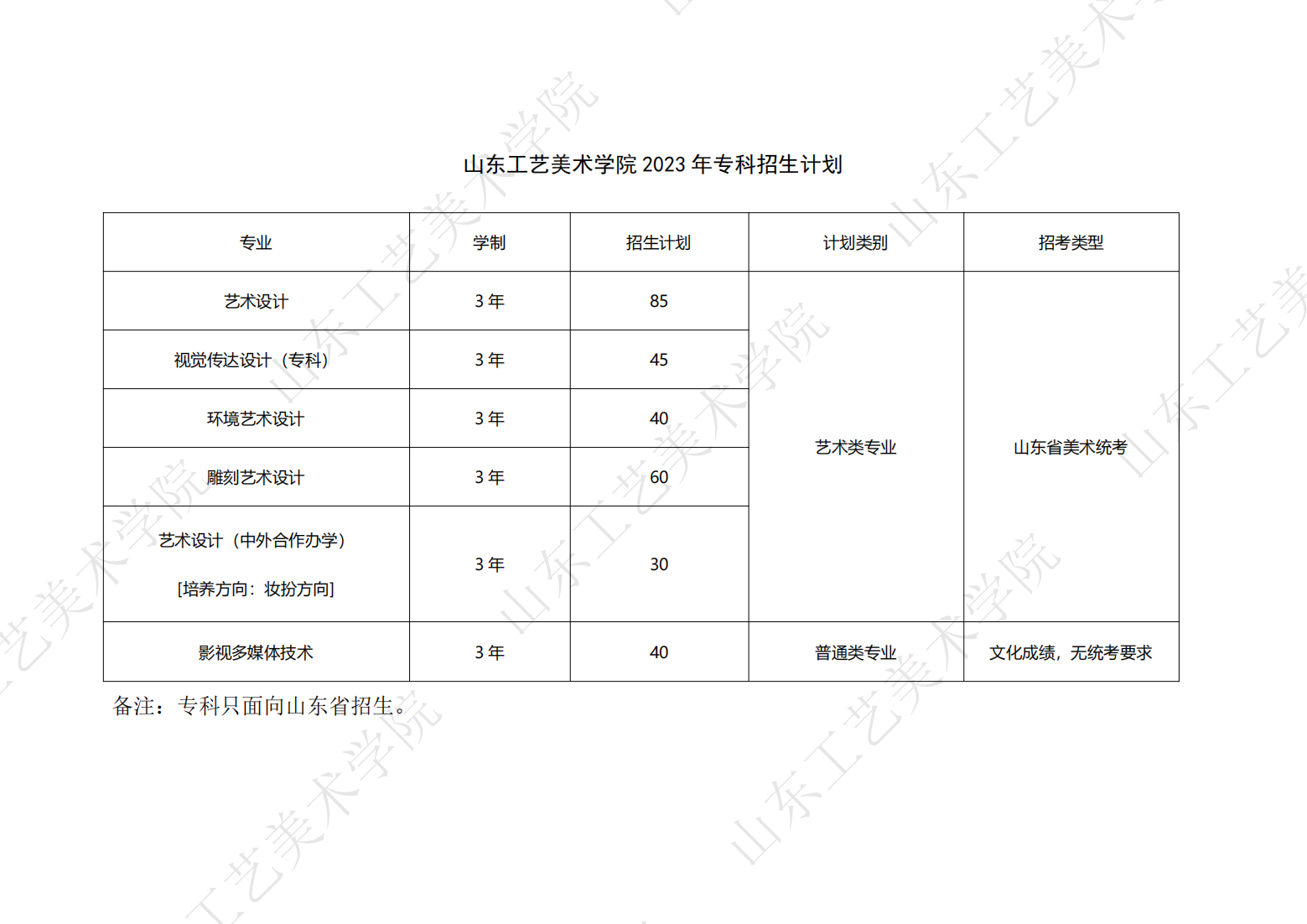 山东工艺美术学院 2023年专科招生计划（仅面向山东省